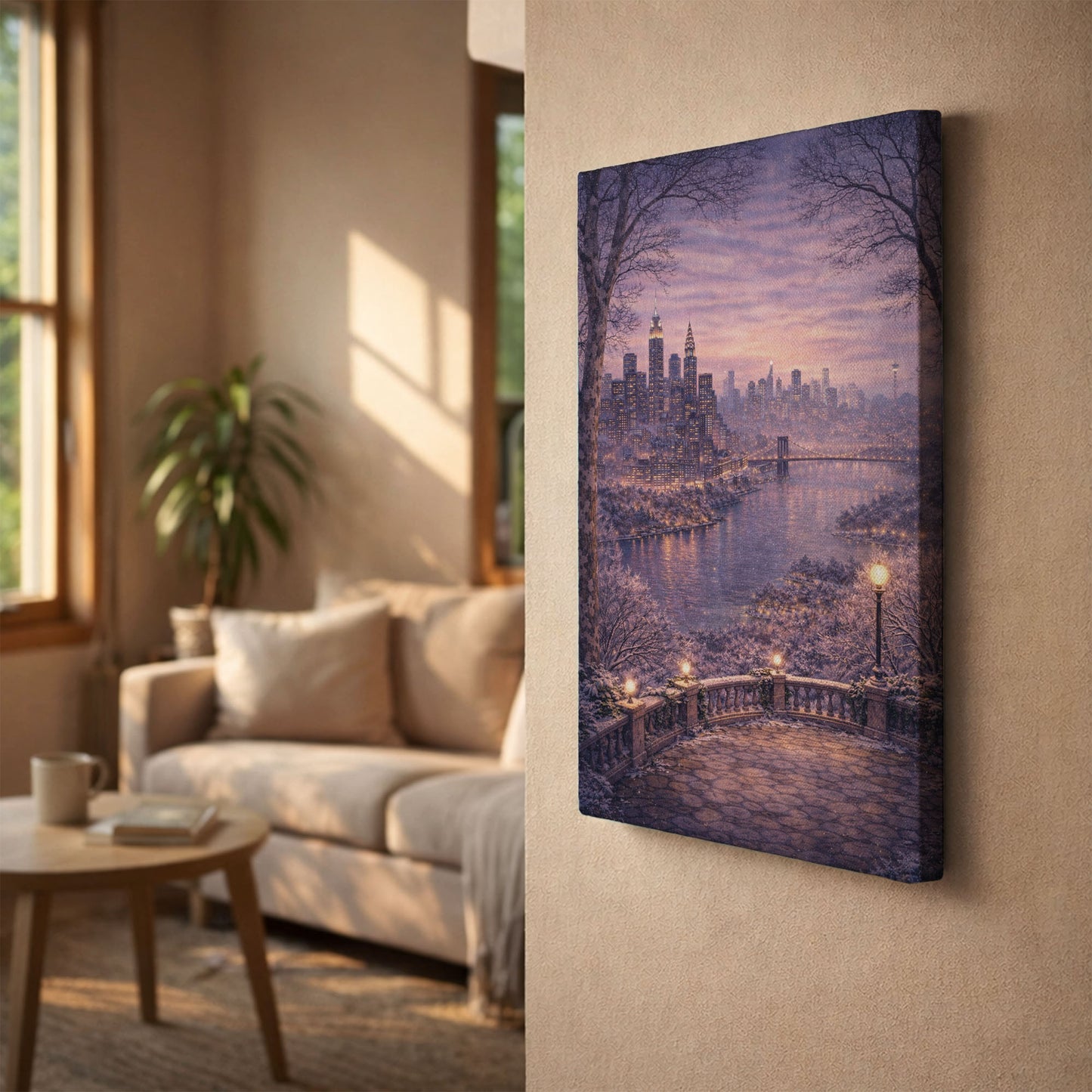New York Winter Canvas Art | Snowy Skyline & River City Wall Decor