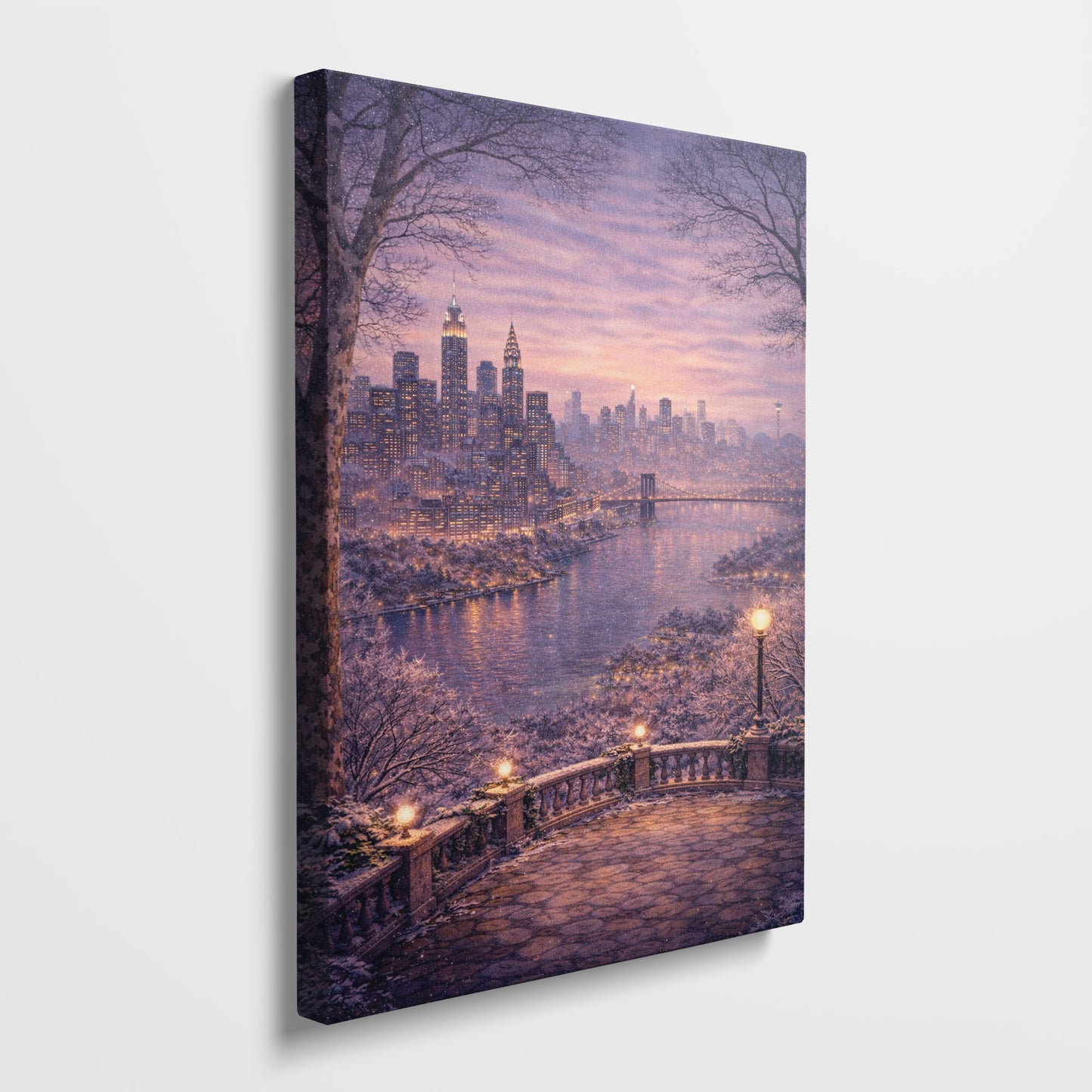New York Winter Canvas Art | Snowy Skyline & River City Wall Decor