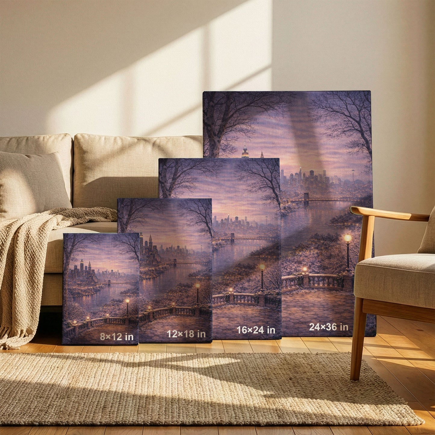 New York Winter Canvas Art | Snowy Skyline & River City Wall Decor