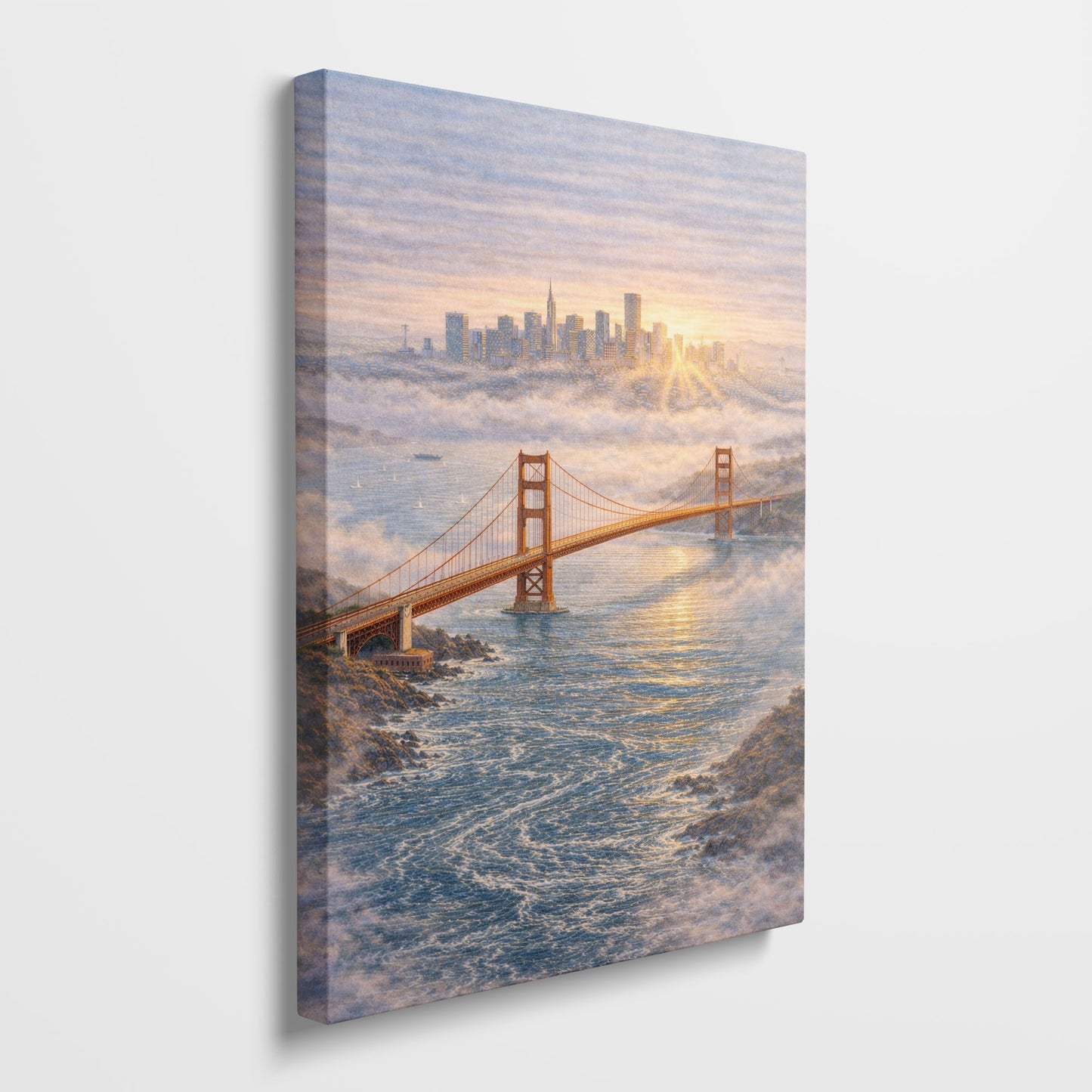 San Francisco Sunrise Canvas Art | Golden Gate Bridge Fog Landscape Wall Art